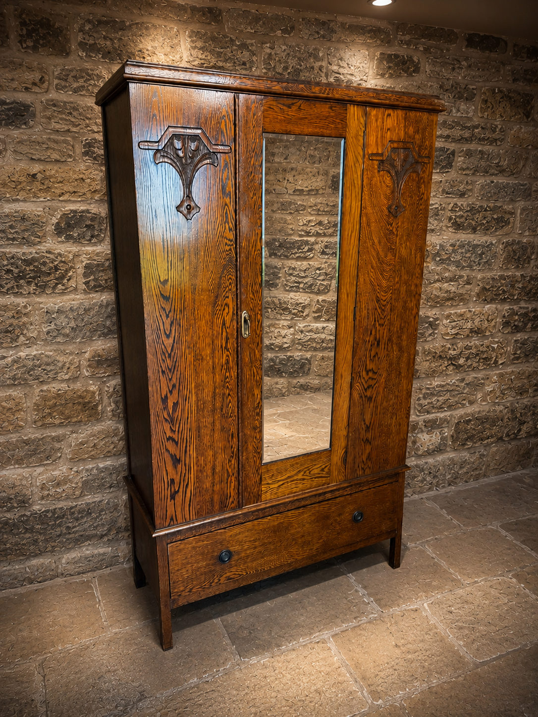 Antique Edwardian Arts & Crafts Quarter Sawn Oak Triple Wardrobe with Mirror & Drawer | c.1910