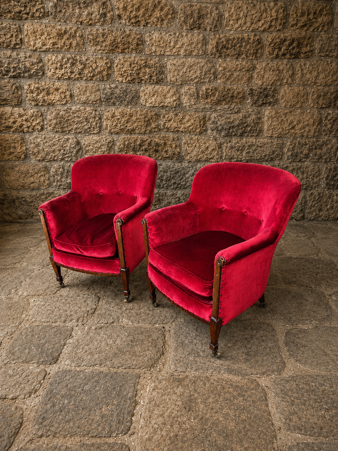Pair of Antique Edwardian Burgundy Velvet Armchairs c1920