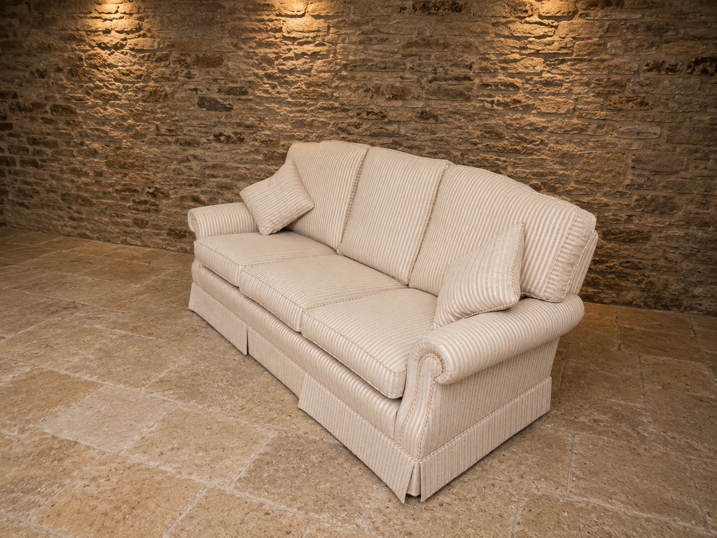 Traditional English Three Seater Sofa in Neutral Striped Upholstery