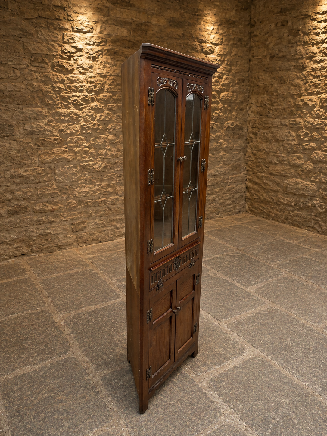 Vintage Oak Corner Display Cabinet with Leaded Glass Doors