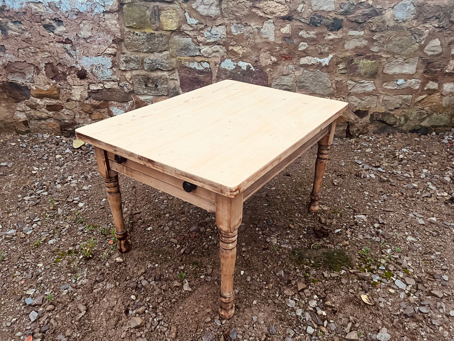 Antique Pine Farmhouse Table with Drawer – Rustic Stripped Wood Kitchen Dining Table – Victorian Turned Leg Table