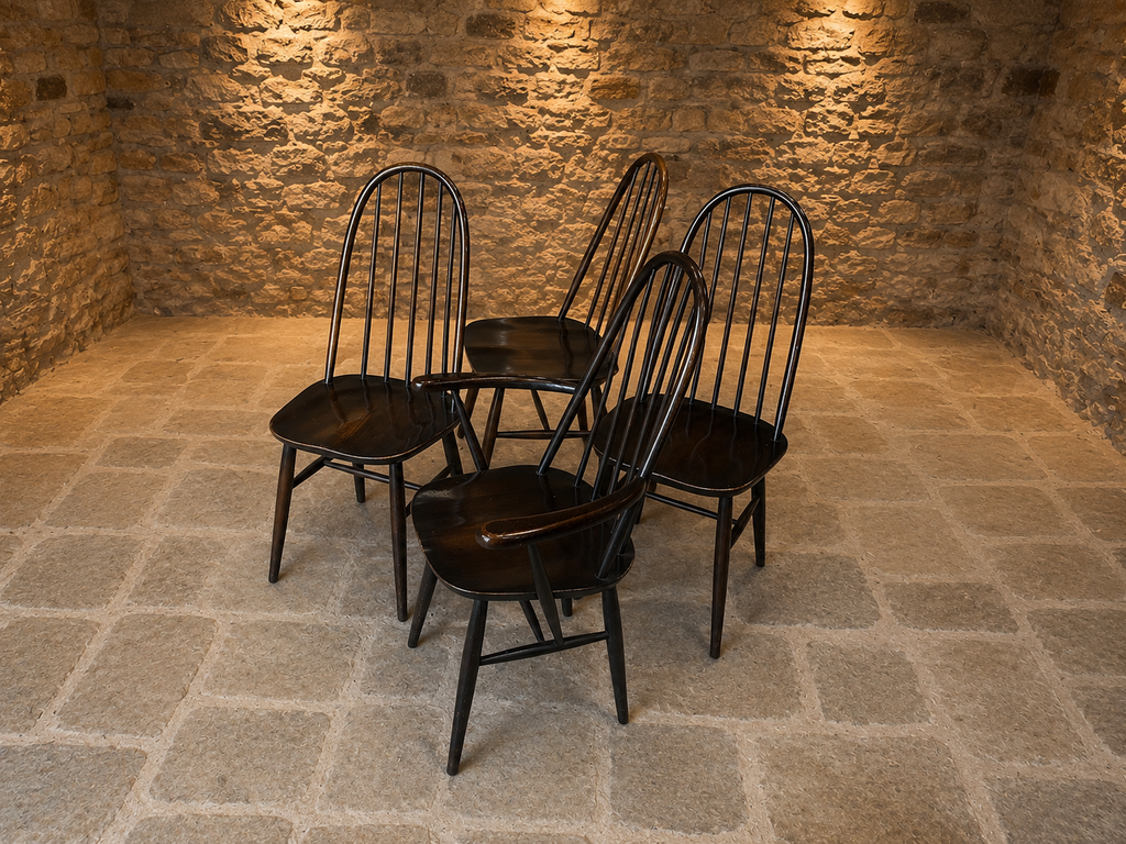 Set of 4 Genuine Ercol Windsor Dining Chairs – 3 Side Chairs & 1 Carver – Dark Windsor Finish