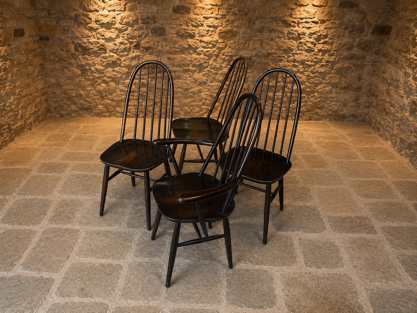 Set of 4 Genuine Ercol Windsor Dining Chairs – 3 Side Chairs & 1 Carver – Dark Windsor Finish