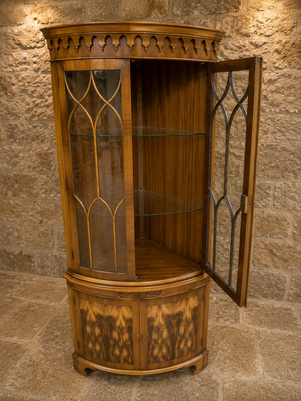 Antique Edwardian Bow Front Display Cabinet | Satinwood & Burr Walnut China Cabinet | Gothic Glazed Cabinet | c.1905–1920
