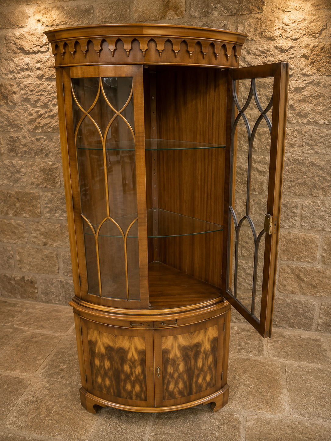 Antique Edwardian Bow Front Display Cabinet | Satinwood & Burr Walnut China Cabinet | Gothic Glazed Cabinet | c.1905–1920