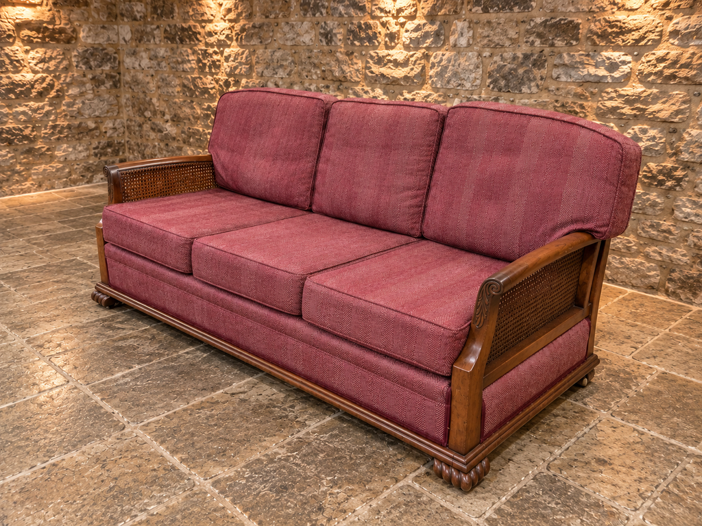 Antique Mahogany Bergère Three Seater Sofa – Cane Panel Country House Sofa, Circa 1920s
