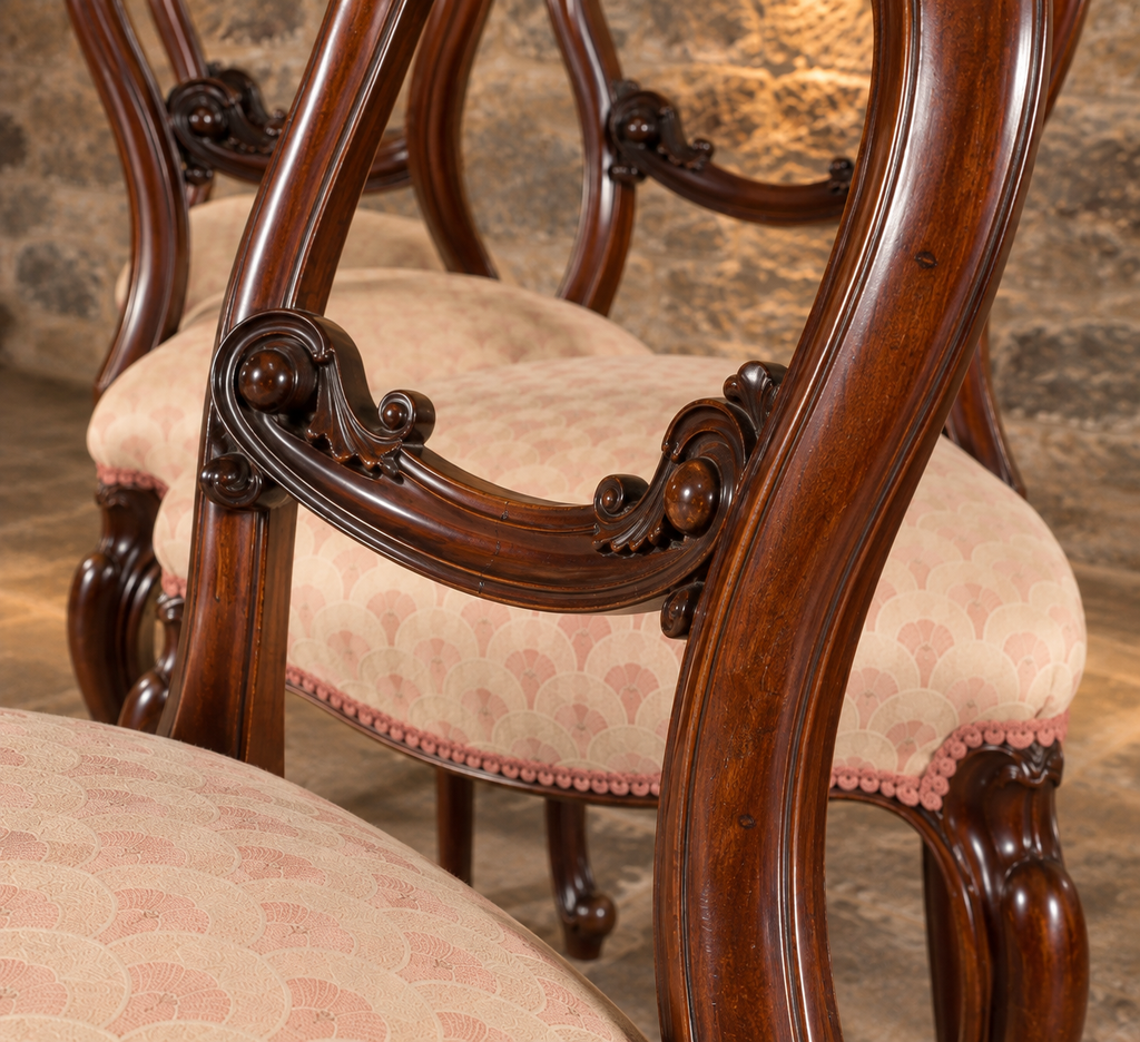 Set of Six Antique Victorian Mahogany Balloon Back Dining Chairs – c.1840–1860