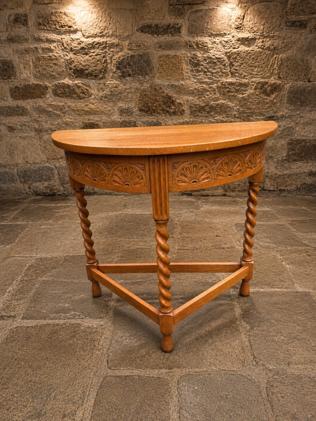 Antique 1930s Carved Solid Oak Demi-Lune Console Table