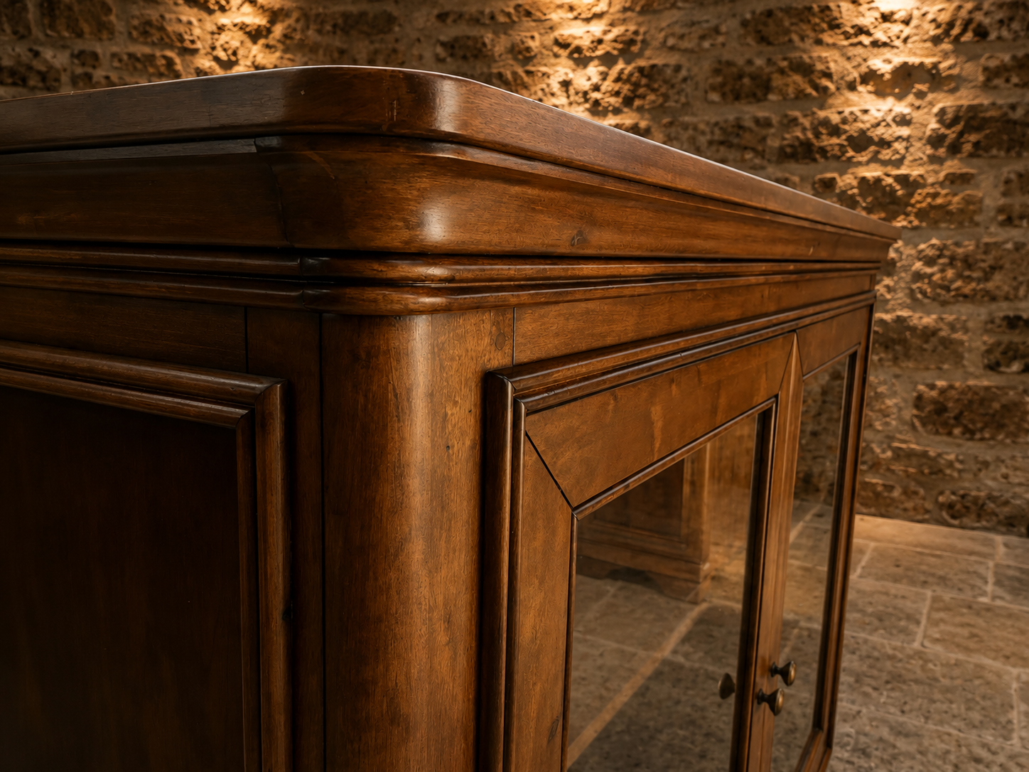 Large French Provincial Cherry Wood Glazed Display Cabinet | Country Farmhouse Glass Display Cabinet