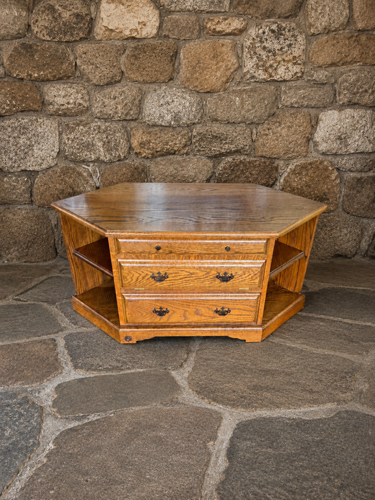 Vintage Solid Oak Corner Cabinet Coffee Table – Rustic Farmhouse Storage Unit c.1980s