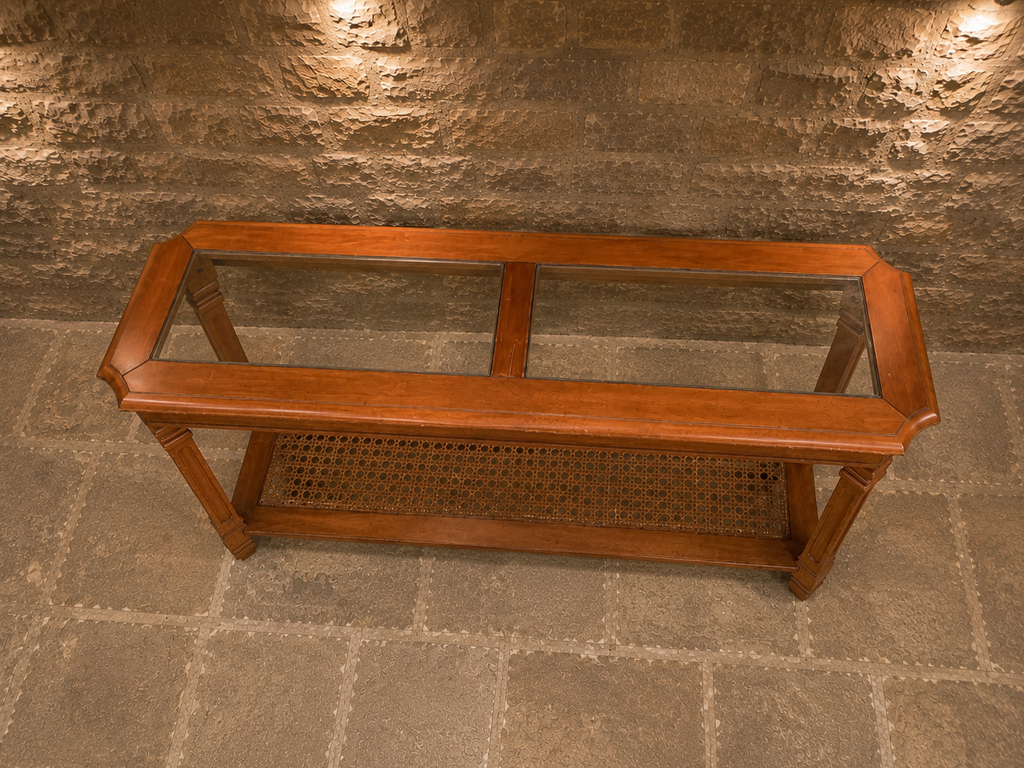 Antique Style Cherry Wood Display Console Table with Glass Top & Caned Shelf
