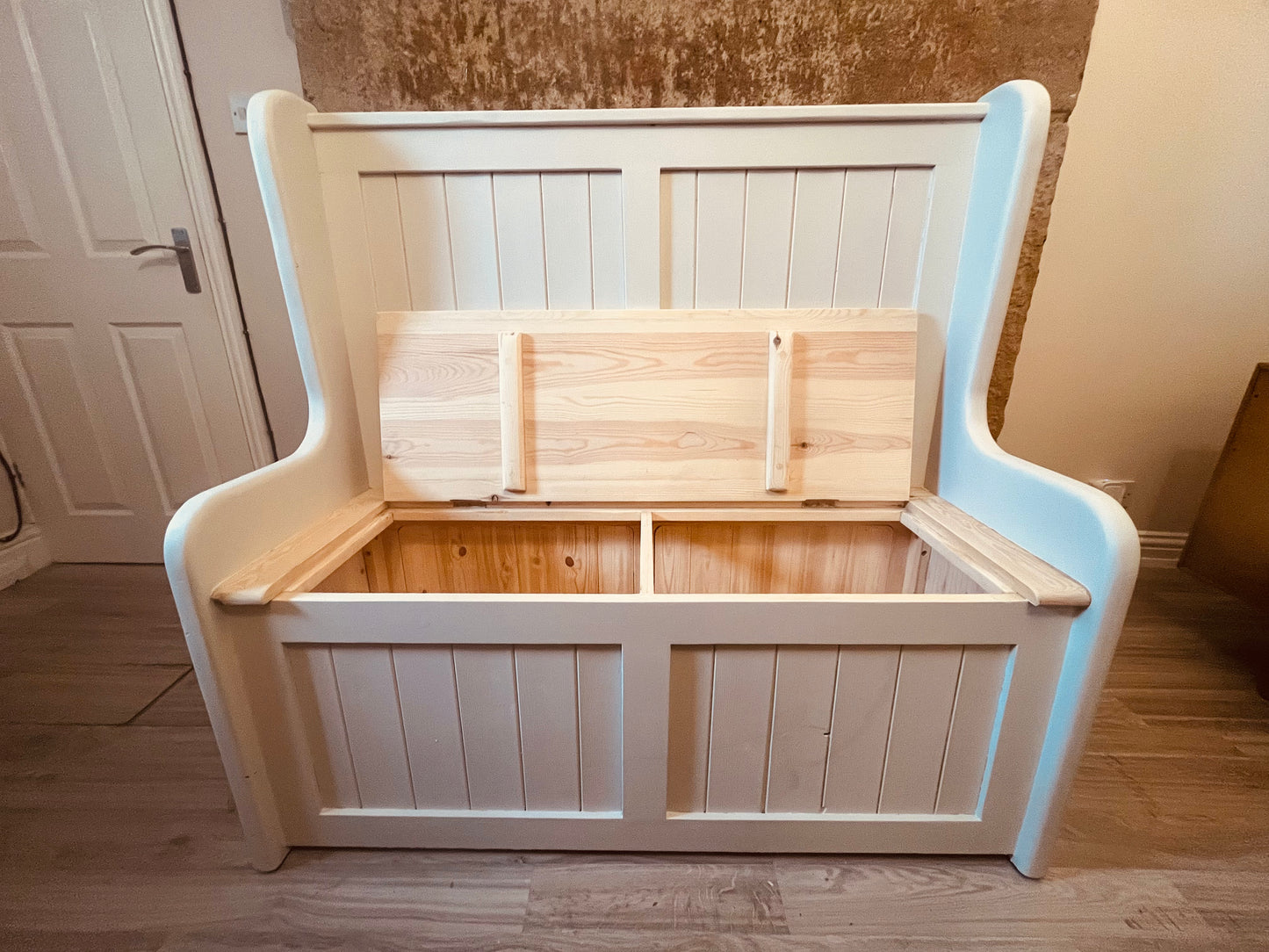 Hand Crafted Pine Monks Bench with Storage – Rustic Farmhouse Hallway & Entryway Seat